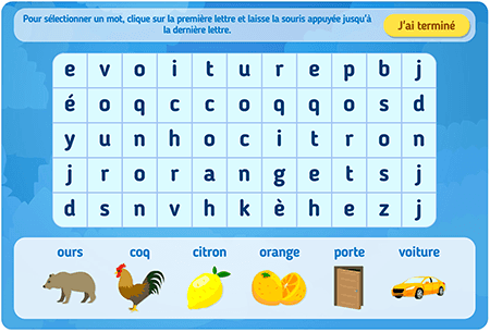 Mots mêlés Minuscules niv 1 